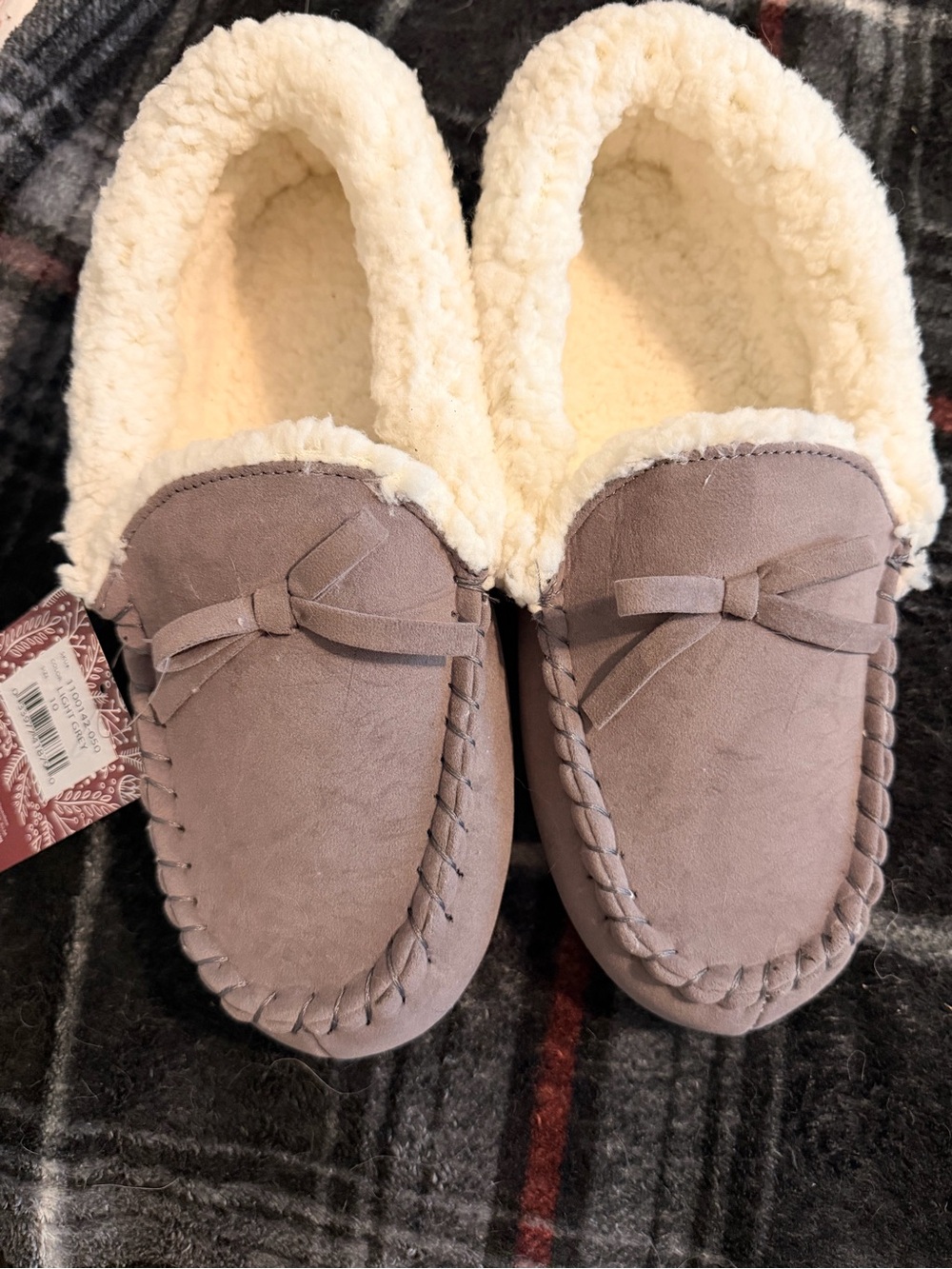 Muk Luks Women's Taupe Moccasin Slippers with Cream Plush Lining